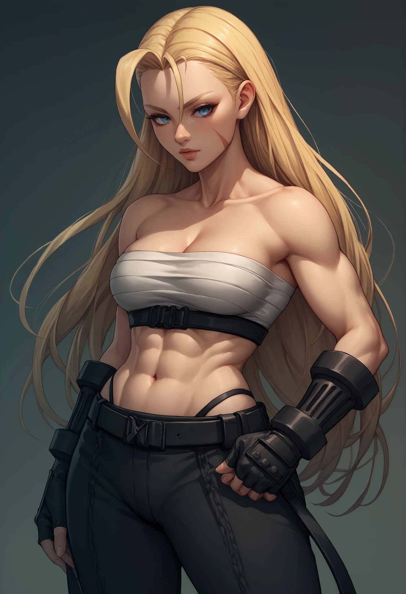 (1girl), cabelos pretos, cabelos extremamente longos, olhos amarelos, ((((musculoso)))), (Seios enormes), (coxas grossas), sozinho, Sem censurar, sem roupa, pelada, sem calcinha, no-bra