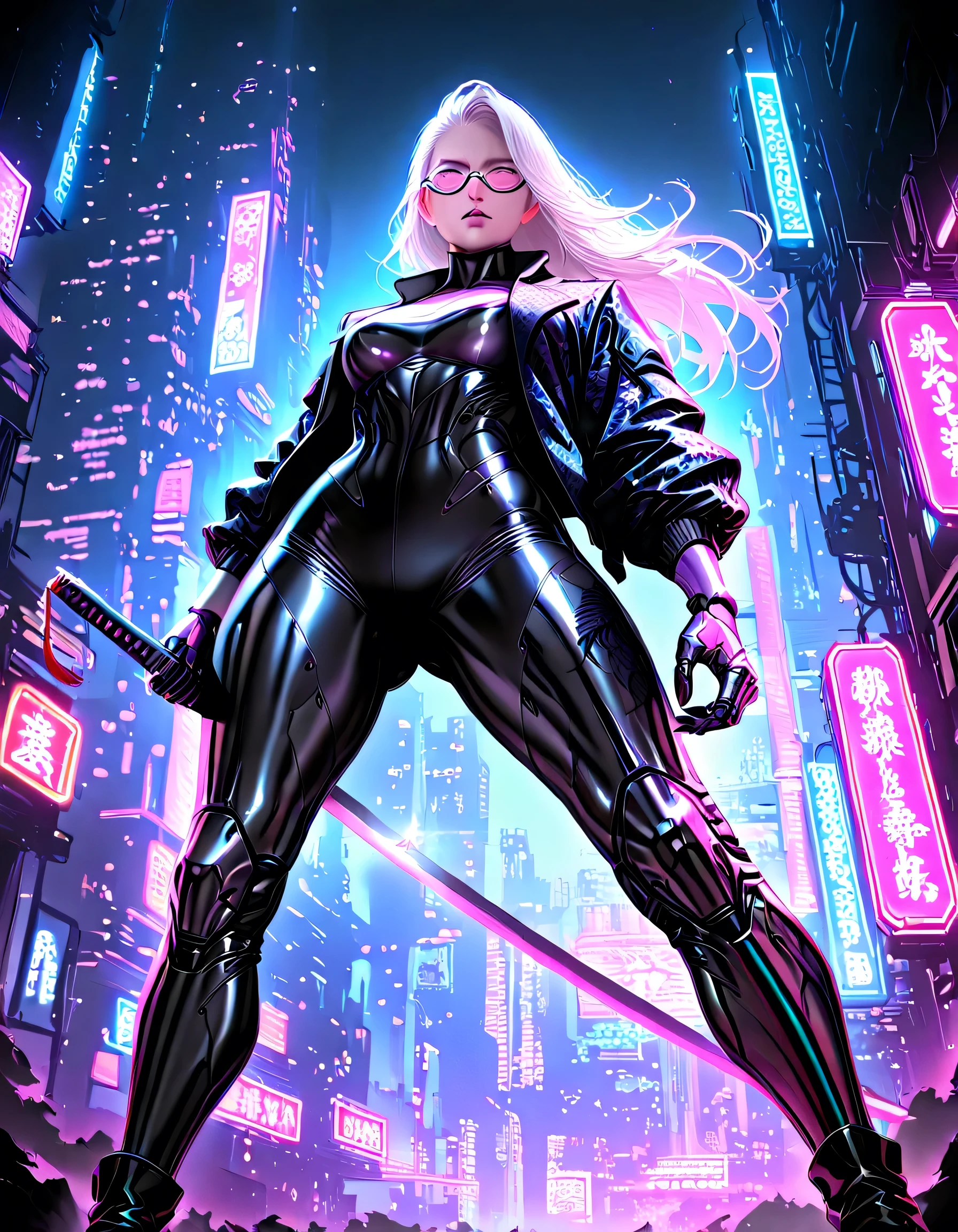 1girl, stylish boots, cybernetic hands, low view, dynamic pose, dragon pattern jacket, katana, intricate cyberpunk cityscape, neon lights, moody atmosphere, dramatic lighting, highly detailed, 8K, photorealistic, professional illustration, cinematic, vivid colors, looking at viewer, cybernetic glasses, futuristic,