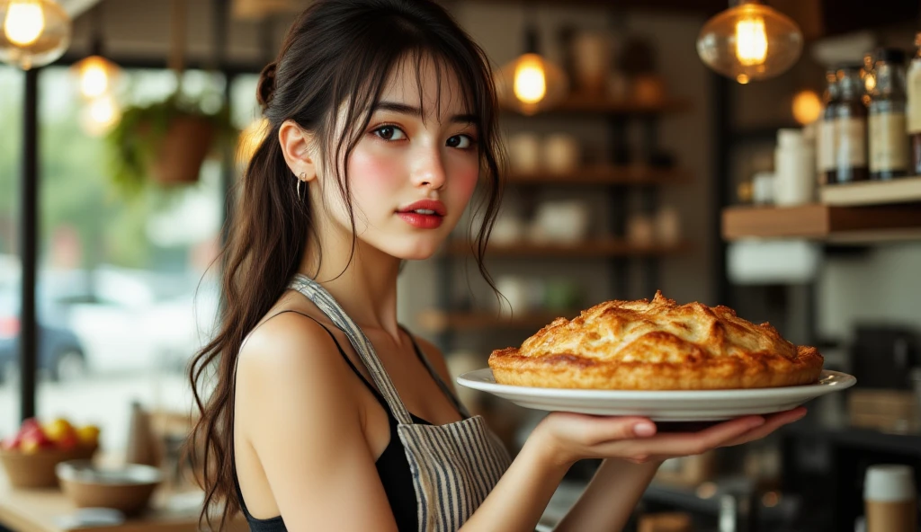 A young girl with short, wavy brown hair stands in a cozy bakery. She wears a large, vibrant red bow on her head, reminiscent of the character Kiki from 'Kiki's Delivery Service.' Her expression is thoughtful as she looks towards the camera. The bakery around her is softly lit, with warm tones highlighting the assortment of fresh bread and pastries displayed on wooden shelves. The environment exudes a warm and nostalgic atmosphere, filled with the charm of a small, local bakery.