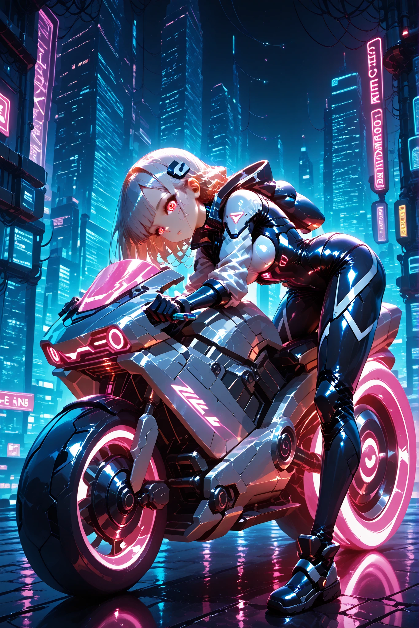 A single girl riding a sleek sci-fi hoverbike is flying alone above a glowing futuristic city at night.
Neon lights reflect on her glossy pilot suit.
She is leaning forward, gripping the control stick, with thick cybernetic tubes connected to her body.
Only one girl is present in the image.
The cityscape below is full of towering structures and flying vehicles, creating a cyberpunk atmosphere.