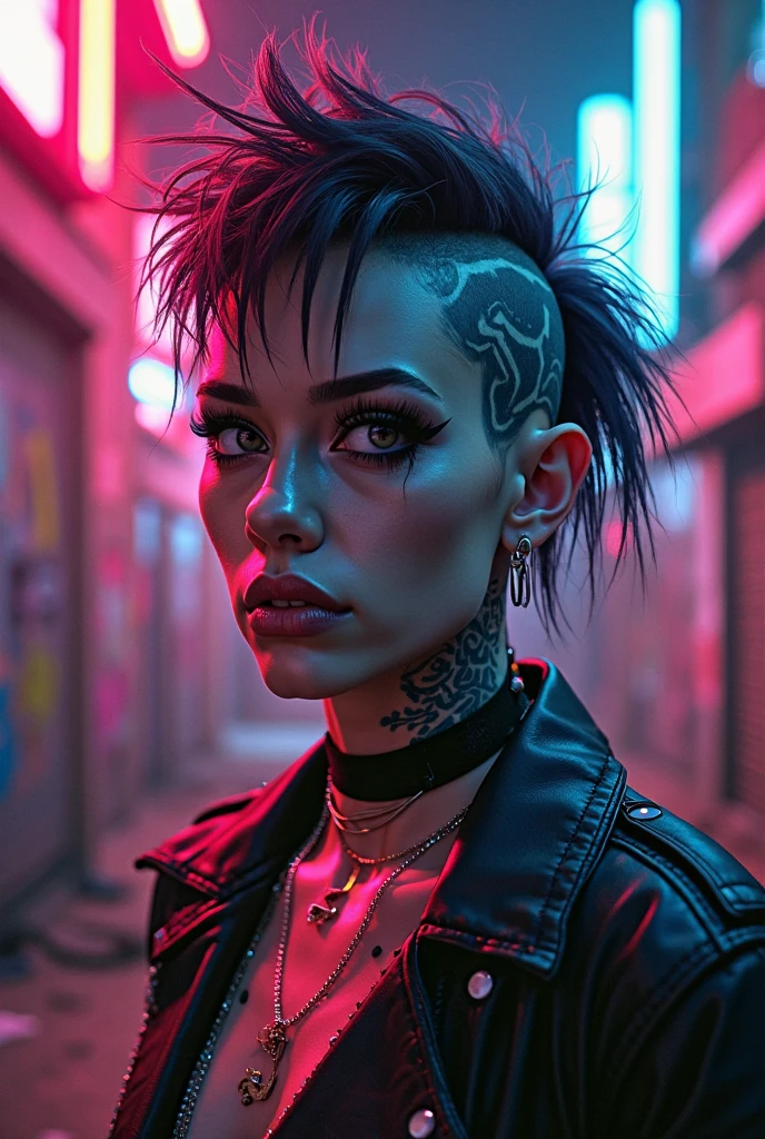 zawora,1girl, black hair, blood on face, makeup, choker, tattoo, cyberpunk, city