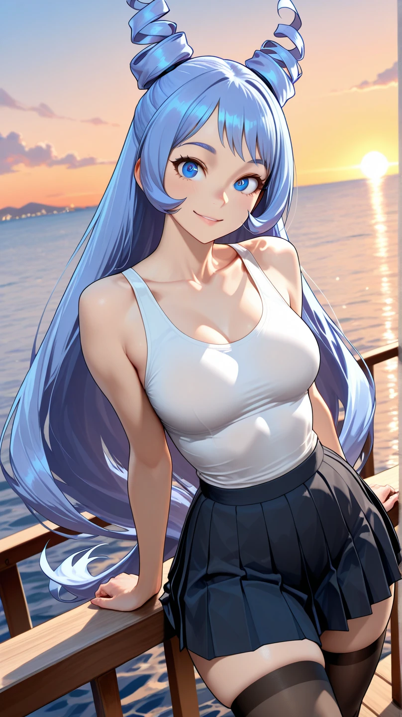 (best quality: 1.2), clean face, (masterpiece: 1.2, 8k) perfect anatomy, 1girl,a beautiful fashion model ,(masterpiece, official art, best quality ,long and shiny hair, blue hair with streaks in hair, long hair, full lips, slender body, slim body shiny breasts, looking at viewer, revealing outfit, absurdity, intricate details, dynamic pose, club, , wearing short skirtand a tight white top, cleavage,, thong straps, sunglasses, celebrity , no panties, embarrassed, shaved pussy