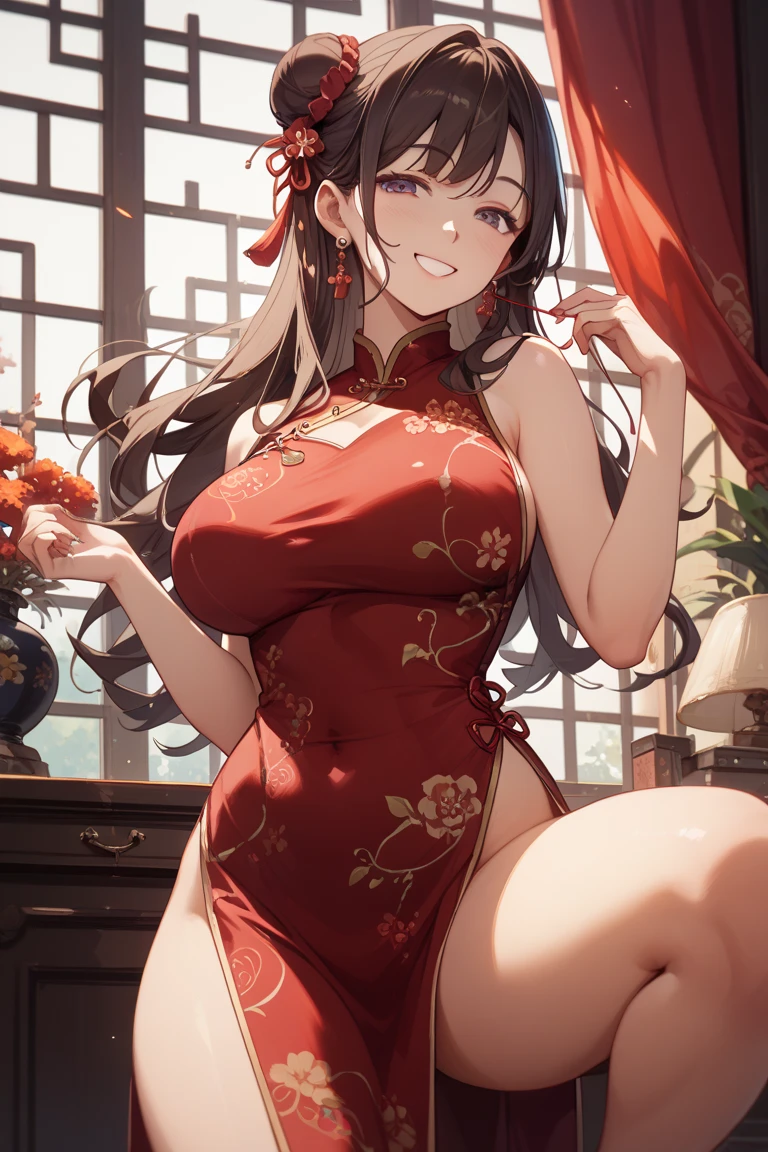 (High resolution), (32K), (very very highly detailed), (Best illustration), (beautiful and delicate eyes), (best quality), (super detailed), (master piece), (Detailed and delicate face), solo,Highly detailed face and skin texture,fine eyes,double eyelid,Spread your legs and use props、 embarrassing smile,shy face、spread legs,high details,Wear pin heels,(dynamic pose),1 girl, black long hair , black eyes, long legs, (camel toe),(((big breasts)))、Exposing genitals without wearing pants,camel's toe,The protruding PUssy ,cocked ass,I grew up sexy、(((Gorgeous long Chinese dress with flower pattern)))、Forehead、best style、nipple