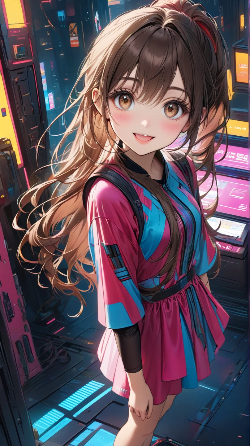 (Best quality, masterpiece: 1.3), 1 girl, rainy day, fog, alley, umbrella, looking at the audience, facing the photo, cyberpunk city, alone in an alley, neon lights in an alley, very reflective city, long hair, large and small strands of hair through the alley, bar, japan, Tokyo, garter belt on one leg, knee pads on the other, perfect hands, delicate, night, shorts, tank top, exposed chest, pink clothes