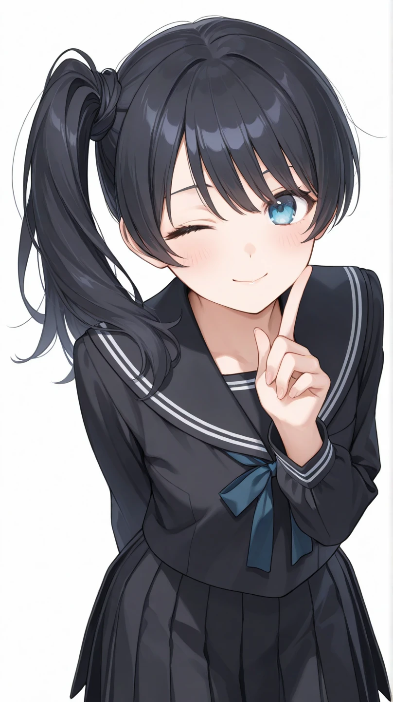 a standing anime girl, black hair in a side ponytail, one eye covered by bangs, light blue eyes, winking, playing with bangs by curling hair around index finger, the other hand hidden behind her back, wearing a black sailor school uniform, centered composition, solo, plain background 20-year-old, slender, tall, masterpiece, ultra detailed, high quality, highres, cowboy shot, white background, no background looking at viewer front view
