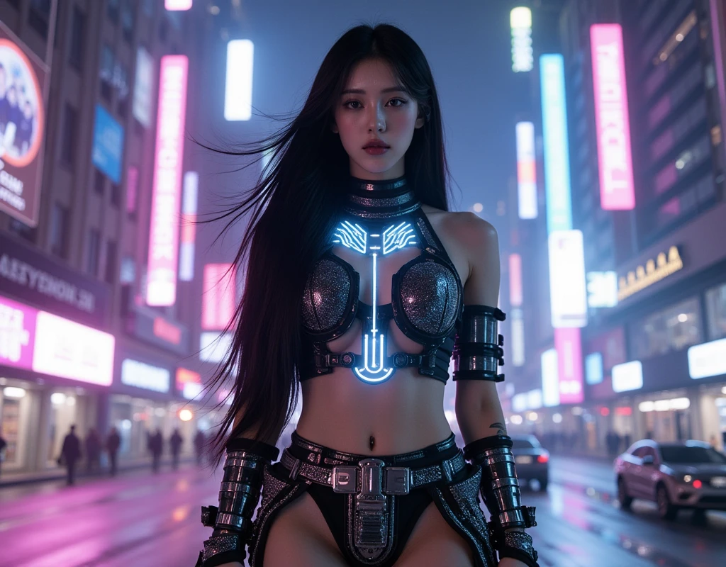 Digital Cyberpunk Art 32k,Complex,Very detailed,Long black hair、Shiny、Wear cyberpunk white and light blue samurai armor、Japanese women、Medium chest、In front of countless monitors、Holding a sword、(fighting stance)