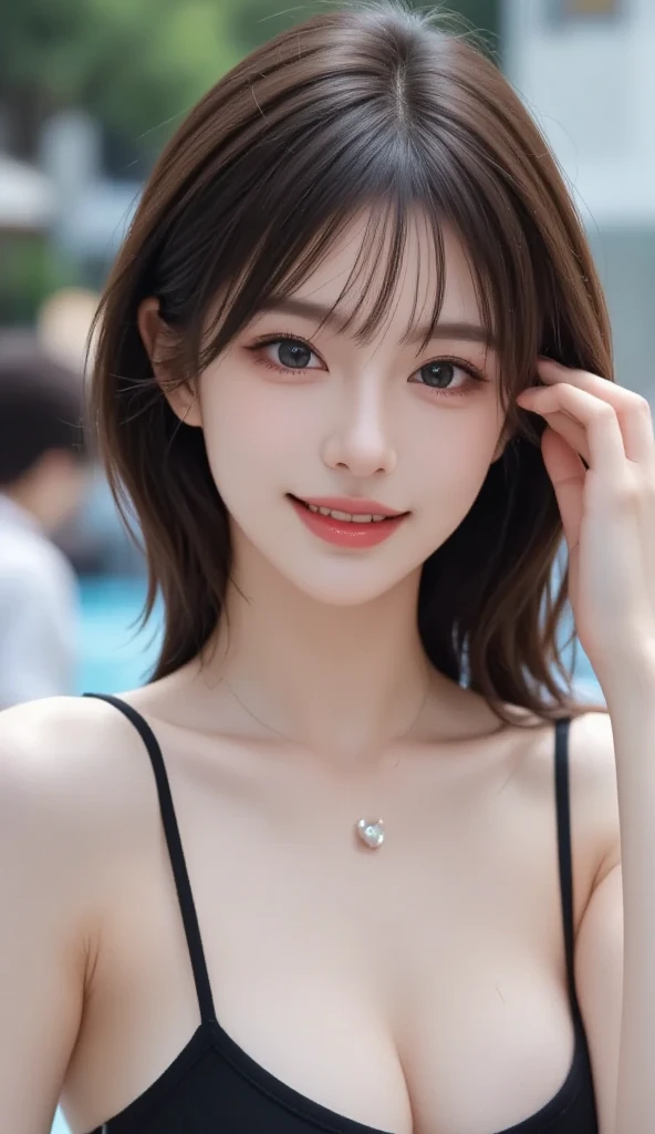 ((masterpiece: 1.4, best quality))+,(ultra detail)+, official art, unity 8k wallpaper, ultra detail, beautiful, high quality, Highlight your cute face,  masterpiece, best quality, half wavy medium length hair, (brown eyes, brown hair), bust, looking straight ahead, laugh, lace bikini model, (bust:1.3)