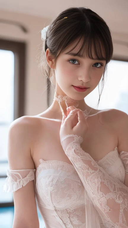 ,1 beautiful woman,(hyper detailed:1.5), masterpiece, photorealistic, realistic skin, full body,(white ballerina uniform:1.4),(mini skirt), full body,dynamic pose, (hair bun,top knot:1.0), (realistic skin),(sweaty skin:1.0),(oily skin:1.2),pulled aside cloth,arched back,in studio,(having sex), hetero,missionary vaginal,(Grieving face,furrow eyebrows,open mouth and shouting,troubled face,look up,sad face,closing eyes:1.25),on bed,hetero,Breast Grab