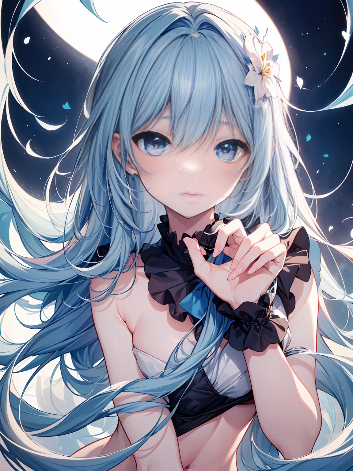 Cat-eared girl, solo, big, closed mouth, long_hair, light smile, sea, blue hair, , , stitched_face, patchwork_skin, cowboy shot, (bikini), (wariza), (V-arm: 1.3), (hands between legs: 1.4),