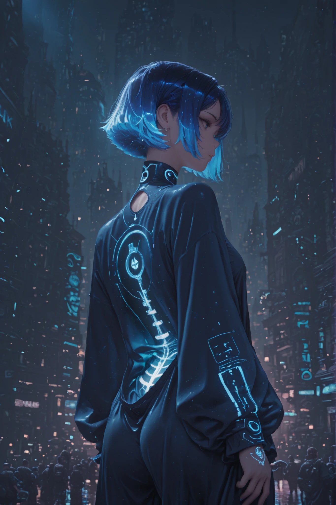 masterpiece, High quality,8K, double exposure, dim light,1girl,3035 years,, the clothes of the future ,incredible clothes,short hair,blue neon hair,City of the Future