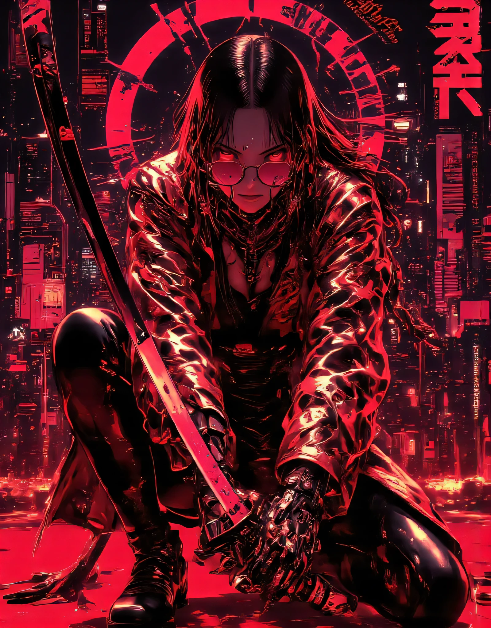 1girl, stylish boots, cybernetic hands, low view, dynamic pose, dragon pattern jacket, katana, intricate cyberpunk cityscape, neon lights, moody atmosphere, dramatic lighting, highly detailed, 8K, photorealistic, professional illustration, cinematic, vivid colors, looking at viewer, cybernetic glasses, futuristic, katana,neon katana, white jacket, blue pattern jacket, detailed face and eyes, masterpiece,