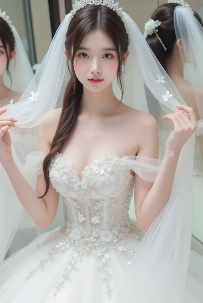 8k ultra high definition, masterpiece, best quality, a beautiful girl, long hair, Impressive hairstyle,high resolution,
Close-up of beautiful bride wearing beautiful wedding dress,Gurwitz,(bridal veil:1.5），（Transparent short veil：1.5），Blushing face，Head flower，headgear，（tube top wedding dress：1.5），（strapless dress：1.2）,（Strapless wedding dress：1.5）,pure white dress，necklace，earrings，(large breasts:1.3)，Bangs，lipstick，（lace gloves：1.3）,Half-length photo,High detail RAW color art,Long white dress,xiao_wu,
（Long double ponytail：1.5）,
(double bun hair:1.5), black hair
