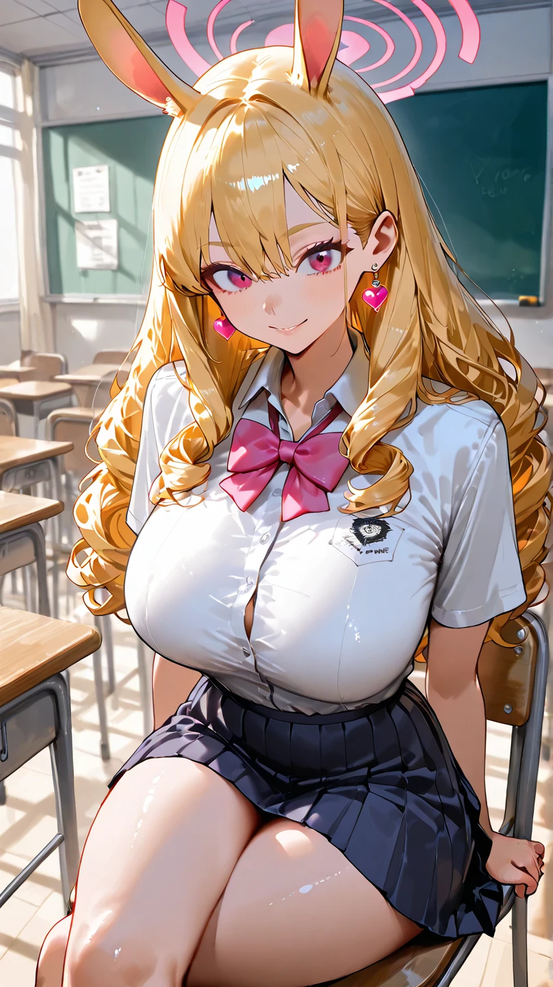 masterpiece, best quality, absurdres, wallpaper, girl, beautiful detailed eyes, light blush, large breasts, steam,(gyaru:0.8),(blonde hair), blue eyes, single hair bun,one side up, blue scrunchie , (asymmetrical hair), kogal ,stud earrings , <lora:Galko:1>, (yellow sweater),(white school uniform), (shirt tucked in), (red bowtie), (blue checkered skirt), yellow cardigan,scrun,