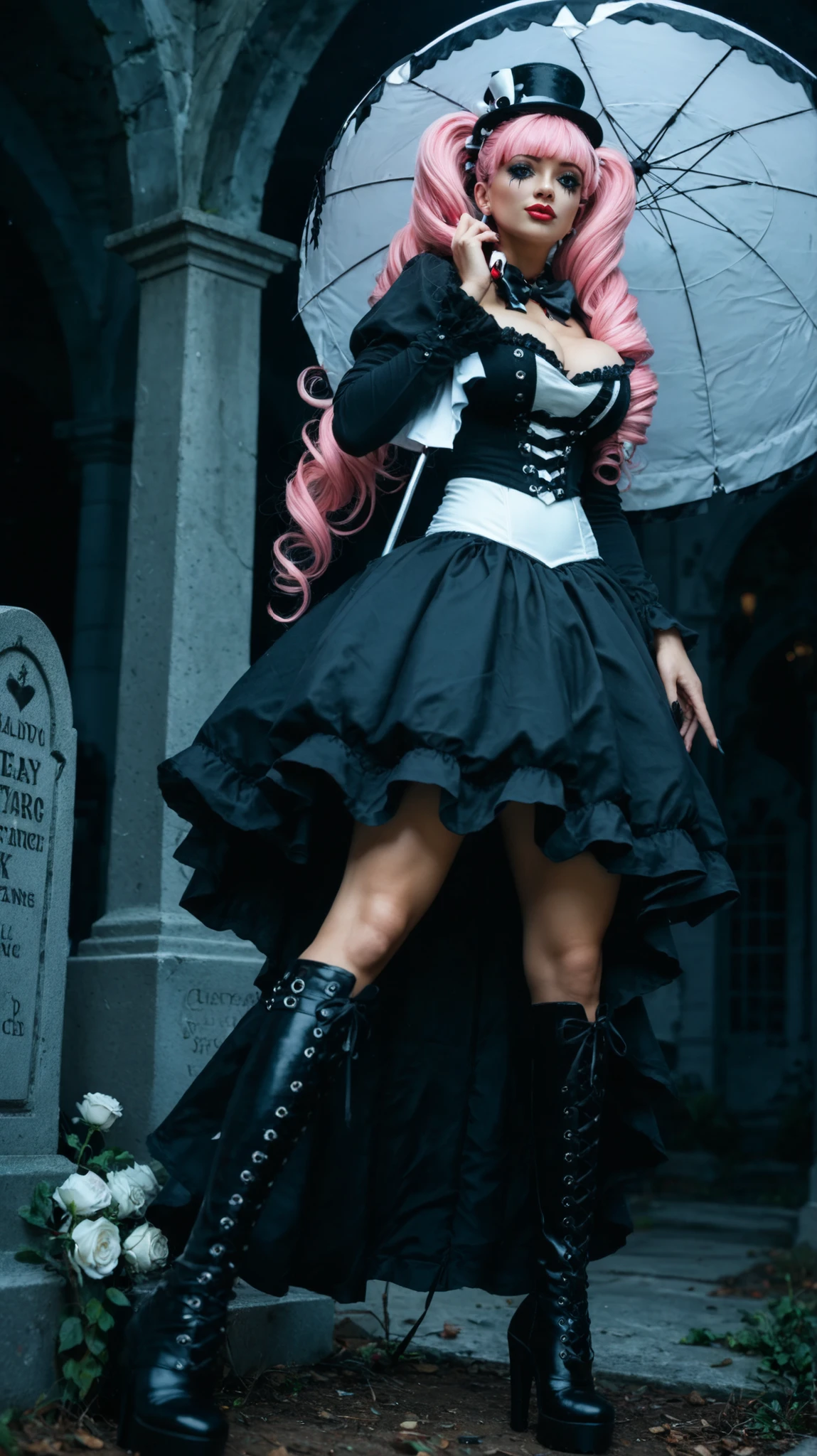 1 girl, alone, realistic style, gothic fashion, slim build, floating gently above the ground in a foggy graveyard, holding a plush doll with blue and white striped headgear and brown body, wearing a long black gothic dress with layered black and white ruffles, red glossy high-heeled boots, large black top hat decorated with white roses, holding a pink parasol, very long pink hair styled in thick side drills with straight bangs, dynamic and elegant pose, intense and charming eyes, big expressive eyes with realistic long curly lashes, gothic makeup with subtle eyeliner and bright red lipstick, cleavage, large breasts, toned stomach, mysterious atmosphere with heavy fog and gravestones in the background, emulating a Canon EOS R5 with 85mm lens at f/1.4, soft cinematic lighting, composed using the rule of thirds with a slight upward angle, Asian, beautiful, (26 years old), toned stomach, charming, highly detail