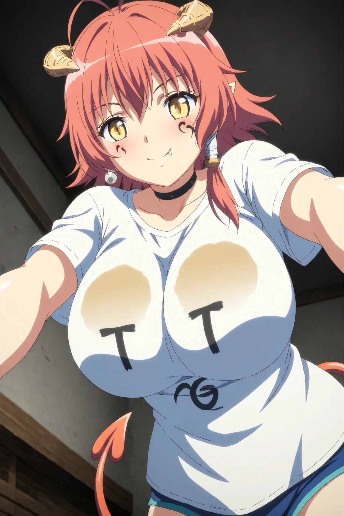 {{{masterpiece}}}, {{{best quality}}}, {{ultra-detailed}}, {illustration}, {{an extremely delicate and beautiful}},pyoshida yuuko,blue buruma,white t-shirts,gym uniform,smile,from above,breasts focus,hands under breasts,perfect arms,