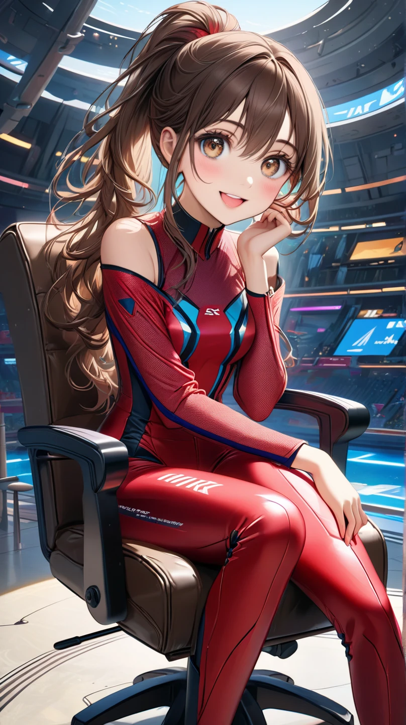 {{{masterpiece}}}, (best quality:1.5), {{very delicate and beautiful}},  Full body girl, very beautiful anime face,  (1 girl to improve Sa, solo, cute face, smile, and open the mouth, (beautifully detailed eyes:1.6), on BREAK Day, (brown eyes:1.5),  Hair, long hair,  Hairのポニーテール, Brown hair ponytail, brown hair, hair between eyebrows, bungs,  red mesh hair), (blue and pink futuristic clothes,off shoulder shirt,tight suit to sit on a chair,absolute region with to), 