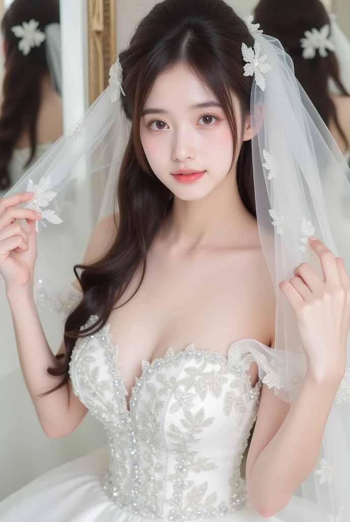 (masterpiece:1.2, Highest quality, Ultra-high resolution, Super detailed), (Realistic, photoRealistic:1.4), Beautiful illustrations, (Natural Side Lighting, Cinema Lighting), Depth of written boundary,
View your viewers, Bust photo, 1 Girl, 19 years old, Perfect Face, (Perfect Anatomy), Cute and symmetrical face, Baby Face, Shiny skin,
(Mid-length hair:1.5, Style Pan:1.5, Light brown hair), Hair between the eyes, blue eyes, Pink Lips, Long eyelashes, (Large Breasts:1.3),
Beautiful Hair, Beautiful Face, Beautiful attention to detail, Beautiful clavicle, Beautiful body, Beautiful breasts, Beautiful thighs, Beautiful feet, Beautiful fingers,
Detailed cloth texture, Wedding Mini Dresses, Flower head, Head ornament, (Bandeau wedding dress:1.5), (Silk dress:1.2), (Strapless Wedding Dress:1.5),
plain white dress, necklace, Earrings, Cleavage, bouquet, (Lace gloves:1.2), (Bridal Veil:1.2),(Short transparent veil:1.2),
(Beautiful views), evening, (garden, Cherry Blossom, Outside the church) walking, (Smile, blush, Small with open mouth),