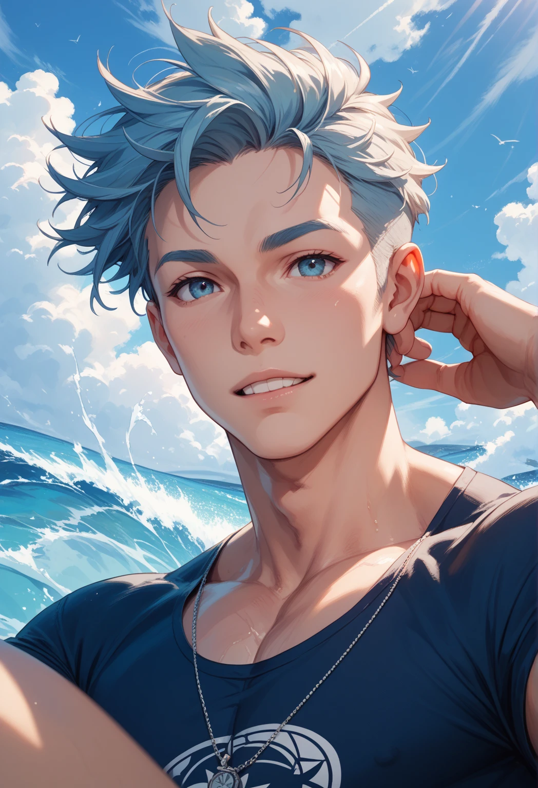 muscular, orange eyes, fangs, mature male, light blue hair spiky