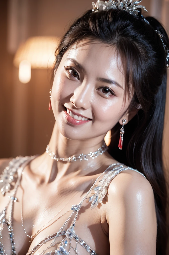 cyq, 1girl,(wearing a modest dress:1.3),(RAW photo, best quality), (realistic, photo-realistic:1.4), masterpiece, an extremely delicate and beautiful, extremely detailed, 2k wallpaper, Amazing, finely detail, extremely detailed CG unity 8k wallpaper, ultra-detailed, highres, soft light, beautiful detailed girl, extremely detailed eyes and face, beautiful detailed nose, beautiful detailed eyes,cinematic lighting,city lights at night,perfect anatomy,slender body,smiling,