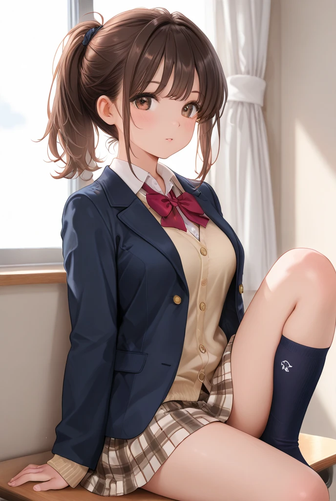 4K resolution,((Highest quality)),Ultra-high resolution,young woman, alone, sexy, (A fleeting smile), (Pale yellow eyes), Beautiful and symmetrical face, (Brown set medium hair),Blazer uniform,Dress shirt,Pleated mini skirt,Knee-high socks,Realistic:1.4,Realistic:1.4,(masterpiece:1.2),Perfect Eyes,Perfect Eyes,Perfect Legs,Open your legs a little,classroom,(Fellatio gestures:1.1),(Open your mouth:1.2)