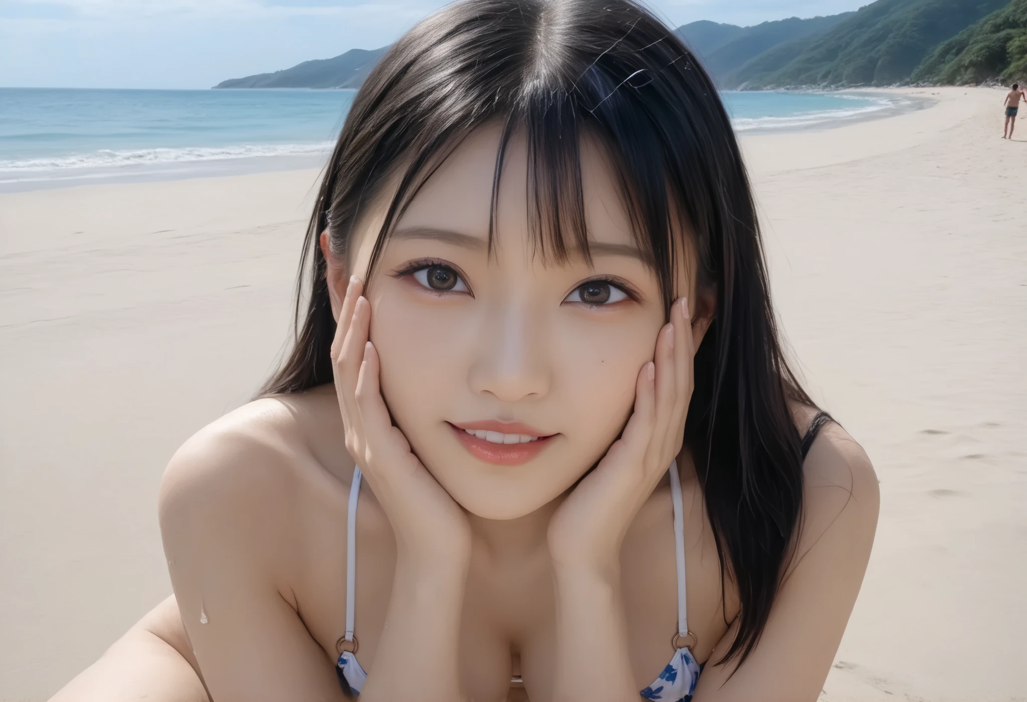   best quality 、High Quality 、 最high resolution、high resolution、8K quality、HD 、best quality、 masterpiece 、Immersive video、 very realistic images 、Realistic painting、 perfect details 、 high contrast 、High fidelity、 perfect picture without blur、Close to reality、 images reproduced in every detail、 detailed and realistic weapon 、 detailed and realistic human skin 、 realistic faces down to the smallest detail、 Realistically detailed eyes 、 Realistic lips drawn down to the smallest detail 、 Detailed and real teeth、Realistic ears、 Realistic hair 、((Japanese Models))､((gravure idol))､(( high school girl))、((Young Face))、((black hair))、((medium rounded breasts))、((stylish body with hands crossed over face ))、(((Wet skin all over )))、(((white micro bikini)))、((Guam Islands))､((Gravure photo session on the beach,sexy gravure pose))､(((Full body video from head to toe,)))､(((Random angle of view)))
