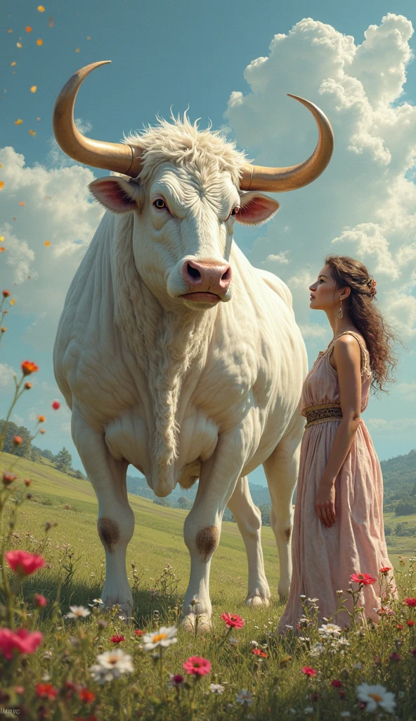A very beautiful cow is standing on the road. It is studded with gold, silver and diamonds. A woman is milking it.