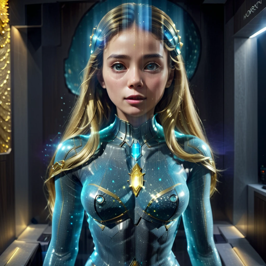 Full image in the distance. Beings of light, omoids, with human-like faces, but with very small round eyes and pointed ears, with brown hair, they wear tight olive green outfits with blue glitter spot prints, they wear a golden crown, there is a seal that shines on their outfit. They are standing on a shiny black floor in a luxurious space. Photorealism, full view, very detailed image, very realistic, hyperrealism, cinematography, Ultra HD, 8k, Unreal Engine 5, sharp focus, intricate and mysterious masterpiece. (Long exposure photography Artistic illustration close-up portrait very detailed: final quality, medium shot, backlight, Rich and striking. Enigmatic and mysterious manipulations (composition of the rule of thirds), ((detailed environment with strong lines) The best quality, in camera, white light, warm and clean aesthetics, dazzling screen composed of millions of brilliant ultraviolet rays, HDR.