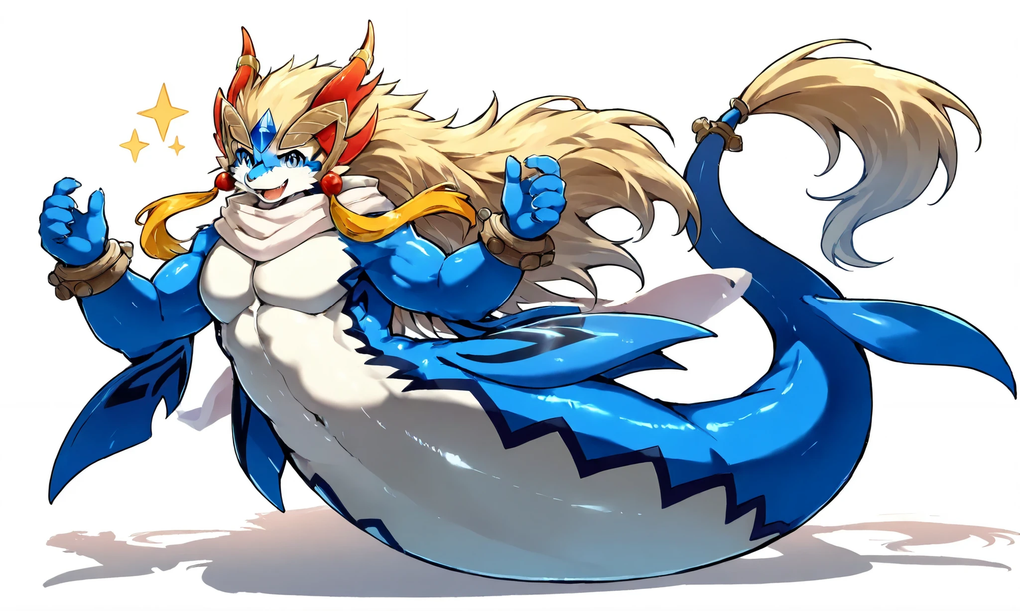 Shaorune, 1boy, solo, detailed eyes, detailed eyes, bewitching smile, looking at viwer, open mouth, heavy weight massive, wide pectral, long body, long tail, fins, no legs, glossy skin, full body, white background