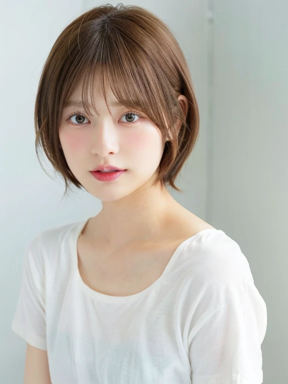 Light grey short sleeve dress、Tabletop、(White wall in the background)、In front of a white door、((highest quality、8k、masterpiece:1.3))、Ultra-high resolution、(photoGenuineistic:1.4)、RAW Photos、30-year-old woman、Japanese,(face)、Genuine、Photographed in natural light、Highly detailed face and skin texture、Highly detailed lips、The correct state of the human body、short hair、Shortcuts、Brown Hair、short hair、Various poses、Natural color lip、Fluffy hair