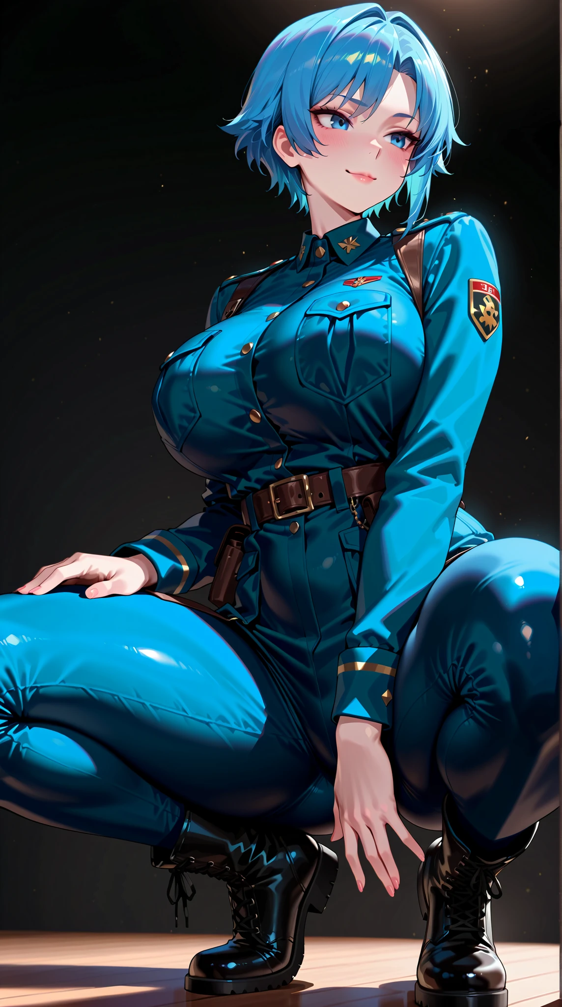 (masterpiece, best quality:1.2, 8k,16k,high-resolution,detailed fingers,detailed hamds,detailed legs,detailed eyes:1.5),highly detailed face and skin texture ,(1girl, military adjutant ,sexy cute face,blue short hair, blue military uniform,long pants ,Flat-soled military boots ,curvy hips),realistic:1,(squatting and open legs:1.2) ,(black background:1.3),