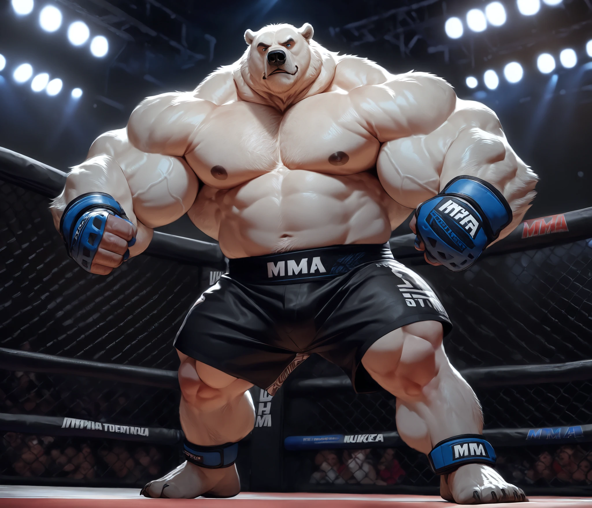 A gritty and intense cinematic illustration of a high-stakes boxing match in a dimly lit, blood-spattered ring. DC Comics' towering, hyper-detailed, and muscular King Shark, Nanaue, stands victorious, his humanoid shark form glistening with sweat and covered in the remains of the grueling fight. His prominent belly, wide muscular arms, and sharp teeth are highlighted by the harsh light of the ring. The background is a chaotic scene, with debris from the battle scattered around the ring, and the air filled with the heavy breathing of King Shark. His fierce and formidable fighter personality is palpable in this triumphant moment., cinematic, photo