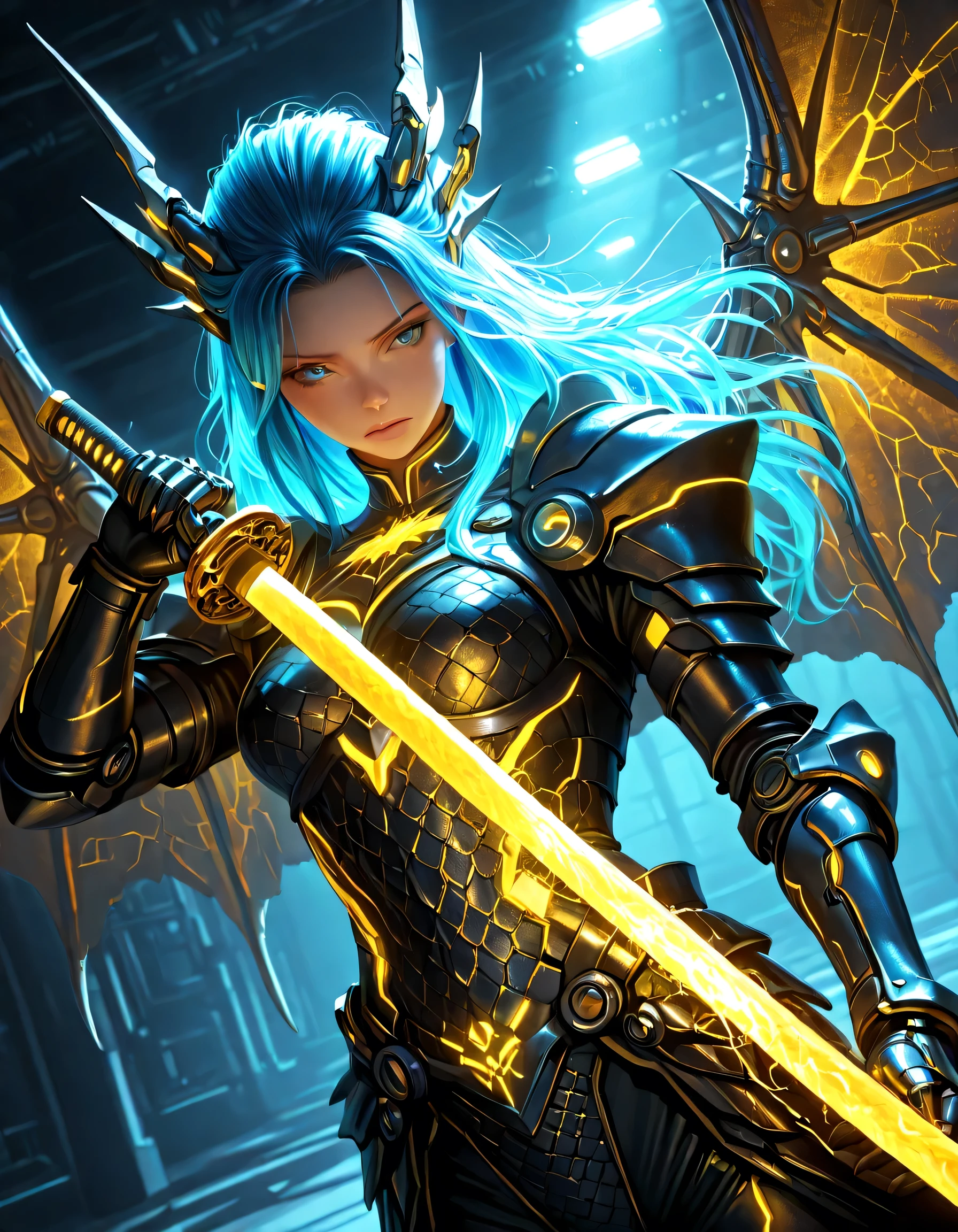 1girl, cybernetic dragon, long blue hair, yellow katana, dramatic dutch angle, detailed portrait, highly realistic, photorealistic, 8K high resolution, physically-based rendering, studio lighting, extreme detailed painting, cinematic, dark moody atmosphere, dramatic lighting, mystical fantasy, intricate metal scales, glowing cybernetic enhancements, sweeping dragon wings, intense action pose