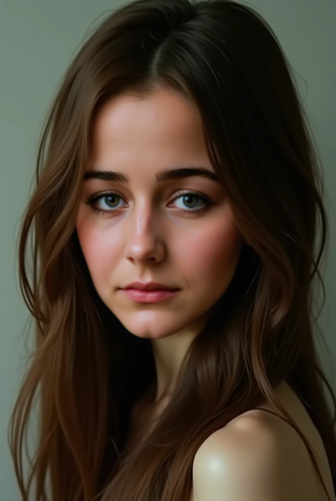 ultra realistic, photography,19 years old, , slender build with a youthful, innocent charm. Long, wavy brown hair that frames her delicate features. Wide, doe-like eyes and a button nose. Full, pouty lips. Smooth, unblemished skin with a light dusting of freckles.extremely detailed artgerm, in the style artgerm, small breasts, facing the camera, lens 35 mm, blur background, wearing an oversized tshirt