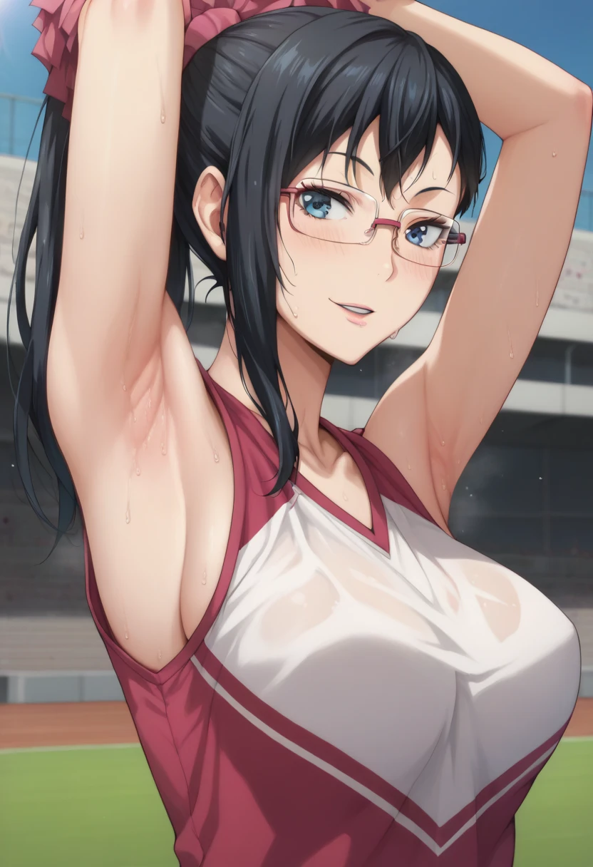 8K,master piece,anime,Perfect Anatomy,Suguha Kirigaya,1female,crossed eyes,(rolling eyes),open mouth,(tongue out),(crying),(orgasm:1.3),cheerleader clothes,nipples,(((pull down))) a micro pleated skirt,((groin)),short hair,(huge perky breasts),(Very small waist and slim body)
