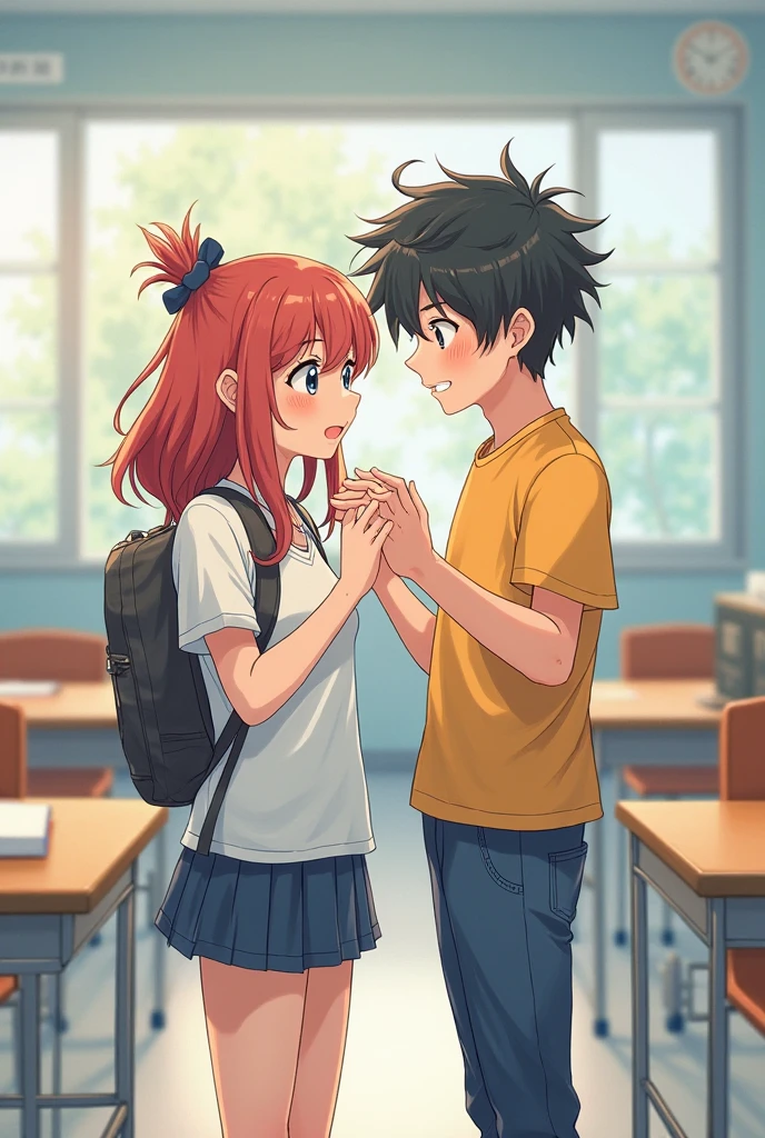 A anime girl talking to a boy confidently about exams nearby.