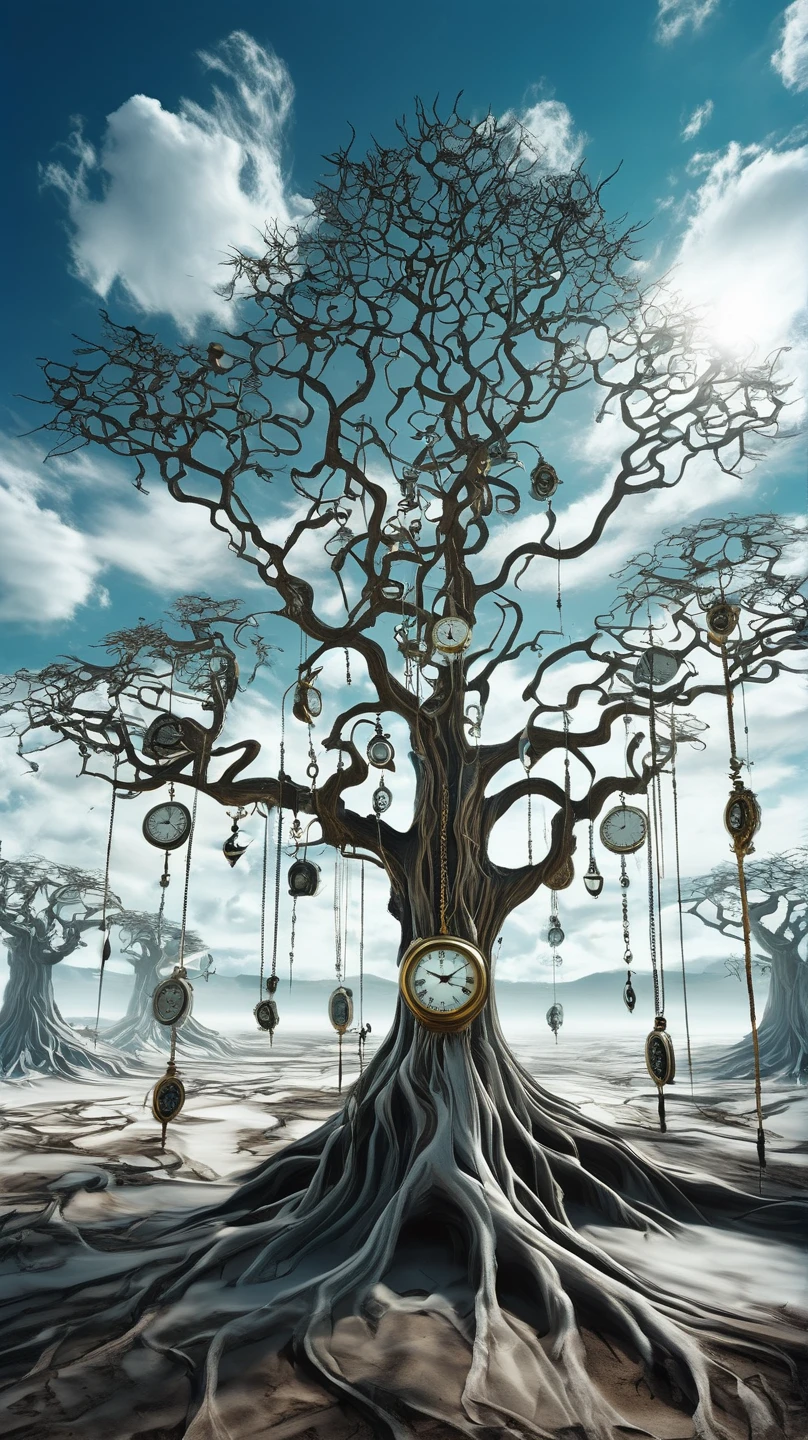 A surreal landscape with melting clocks and masks draped over barren ...