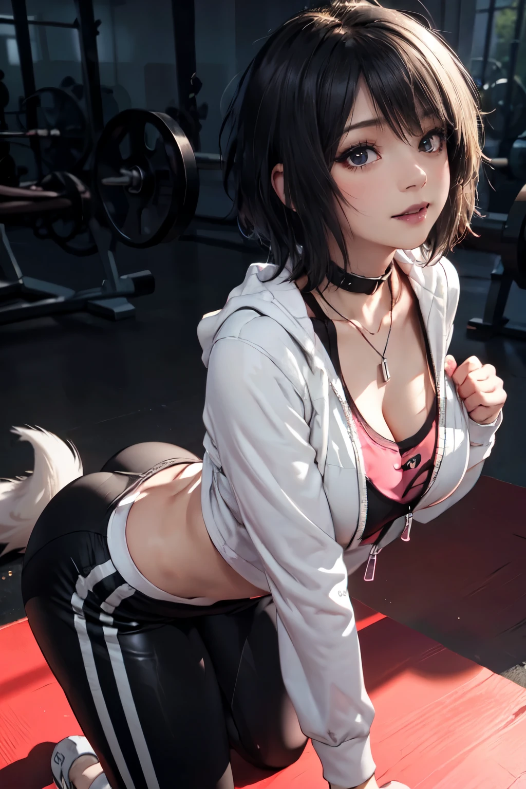 Girl, woman, emo_hairstyle, black lipstick, dog collar, necklace, eyeliner, eye shadow, smoky eyes, realistic lighting, short hair, shiny skin, big breast, black long sleeved zipper top, zipped hoodie, cleavage, adidas pants, tight sports pants, unzipped top, Narrow eyes, Gym wear, sportswear, gym, training, yoga, arched back, smile.