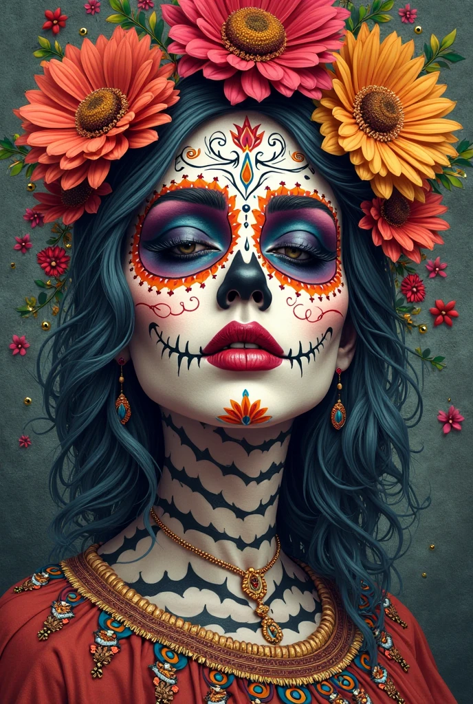 create an image demonstrating the style of ((Dia De Los Muertos)) style, hyper realism, 8k high definition, vibrant colors, sharp focus, insanely de