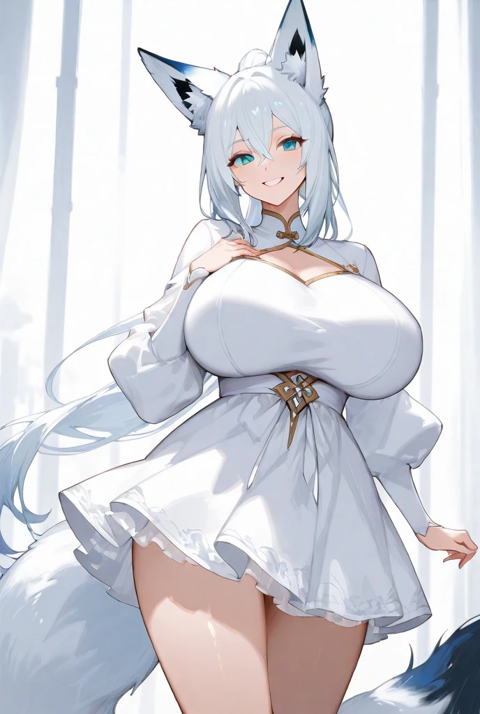 Highest quality, masterpiece, Ultra-high resolution, female、獣族のfemale王、Big Super Boobs、Tied waist、White skin、Snow Fox Beastman、Kemomimi、tail、single、Clothing that accentuates the contours of the body、Short skirt、valley、fascinate、Hands on hips、Confident