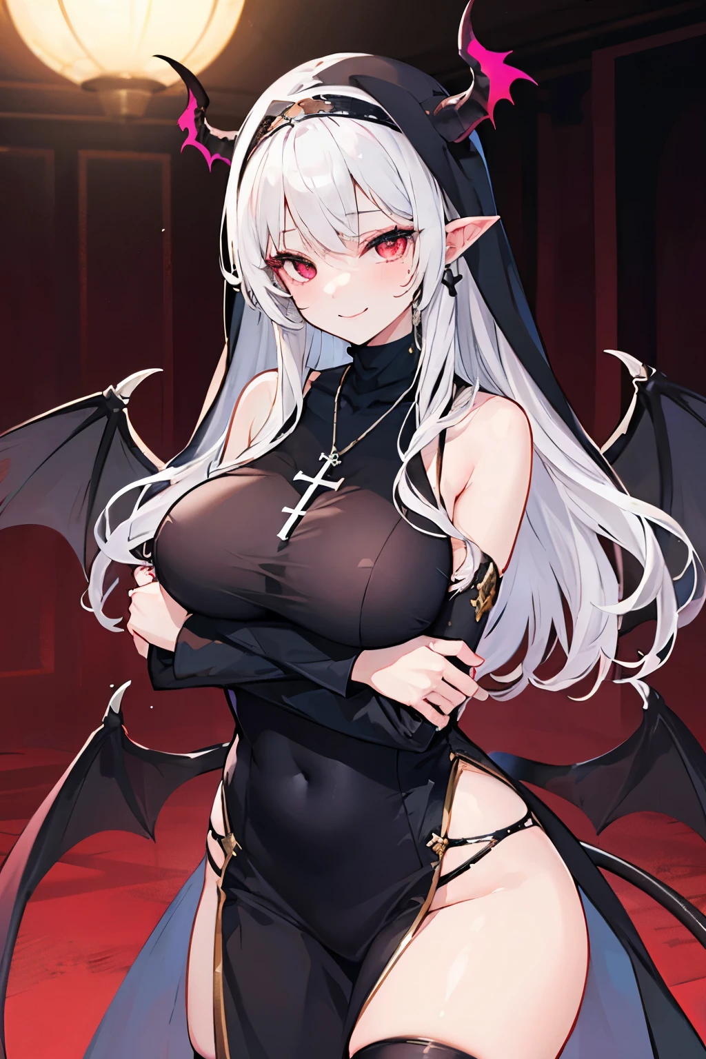 Gargoyle woman. Gray stone skin, Long dark gray hair, pink eyes, long stone gray color claws, Giant Gray stone wings, long stone gray color tail, sharp teeth, lust smile, big gray horns on forehead. sharp teeth, lewd face, sticking out tongue, cheeks red, pink mist around, exposed naked body.