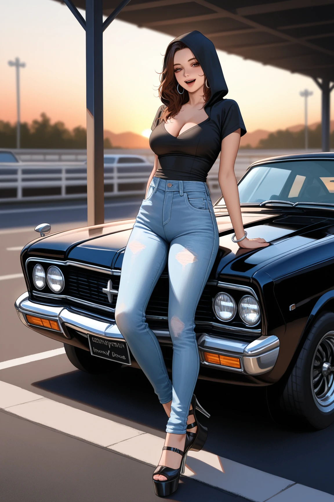 Lucy Liu, gorgeous woman, vintage pin up, leather jacket, blue-black hair, denim skirt, short skirt, cleavage