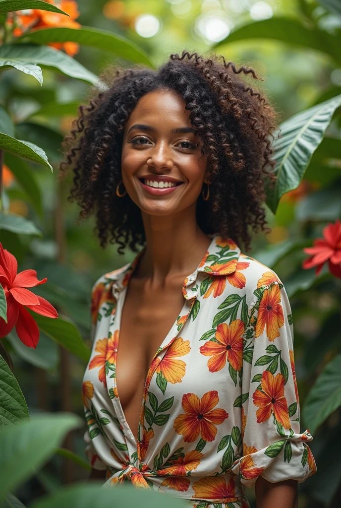 A Brazilian woman in a lush tropical garden, wearing an open shirt with a floral print, with a close-up capturing the harmonious beauty between her breasts and the natural flowers, showing off your natural charm and outgoing personality.