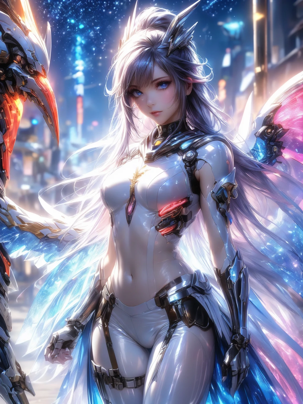 (((Full shot)))、MFS (Full Shot)、(((Full shot)))、 top-quality、​masterpiece、A high resolution、(Photorealsitic:1.4)、Raw photo、Battle Cyborg Angel、large wings made of metal、White porcelain body、Acrylic Clear Cover、white  hair、glowy skin、1 Cyborg Girl、Beautiful girl、 ((super realistic details))、globalillumination、Shadow、octan render、8K、ultrasharp、character edge light,Colossal tits、Raw skin is exposed in cleavage、Details of complex ornaments、Gothloli details、Hydraulic cylinder、Small LED lamp、highly intricate detail、Realistic light、a purple eye、radiant eyes、neon details、Futuristic headgear、About Cyberpunk、Medium Full shot、fogus in the sky