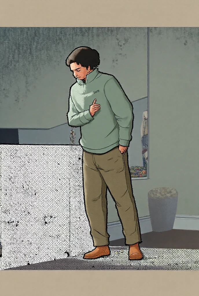 Drawing of a dark young man with a chevron mustache, with a haircut called ladinho. wearing a long-sleeved raglan top, black pants with All Stars sneakers