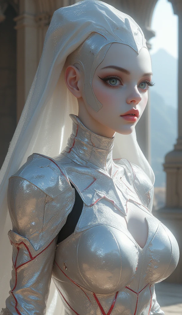 ultra-detailed, realistic robot bride, beautiful detailed eyes, beautiful detailed lips, long eyelashes, shiny metallic skin, delicate features, flowing white wedding gown, bouquet of roses, wedding veil, happy expression, soft natural lighting, romantic atmosphere, portrait style, vibrant colors, ethereal background, crisp focus, high-res masterpiece