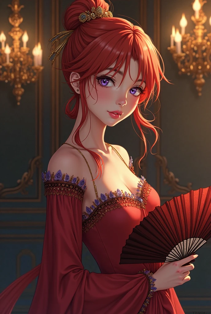 ultra realistic 8k cg, masterpiece, ((ultra detailed background, delicate pattern, intricate detail)), (highly detailed, fine details), best quality, (photorealistic:1.4),beautiful lighting, absurdres, RAW photo, film grain, NamiV2, 1girl, orange hair, solo, long hair, jewelry, ((medium breasts, slim girl, dress, red dress, elegant clothing, hair in a bun)), (((left shoulder tattoo))), brown eyes, smile, earrings, bracelet, bare shoulders, (complex detailed background, inside, castle room environment, medieval castle, gray walls, window, bookshelf), ((cowboy shot)),
<lora:BeautifulDetailedEyes:0.4>, <lora:DetailTweaker:0.5>, <lora:NamiV2:0.75>, <lora:GoodHands-vanilla:0.6>
