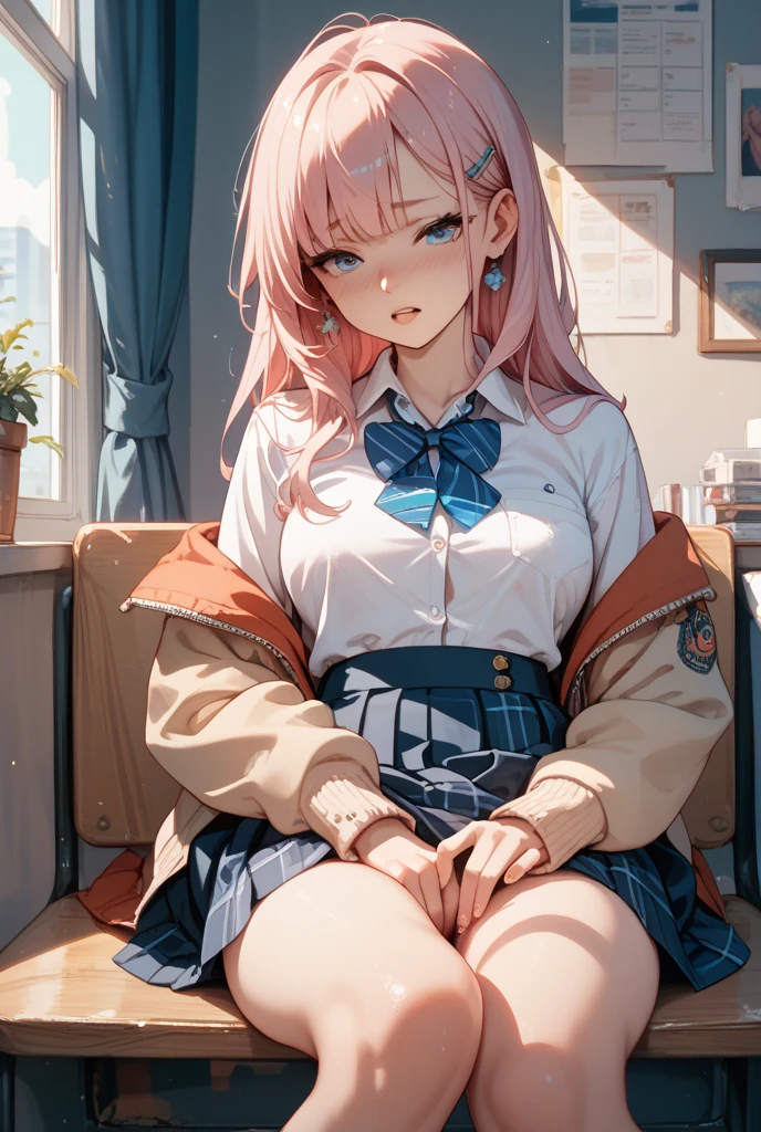 (Best Quality, 4K, 8K, hight resolution, masutepiece:1.2), Pink hair、bobhair、her breasts are beautiful and big。Spread your legs apart on a single chair and put your butt on the stand.。facing front。The most beautiful pubic area with hair is opened using hands。My clothes include my school tie and Y-shirt with a few buttons undone.。Katyusha。