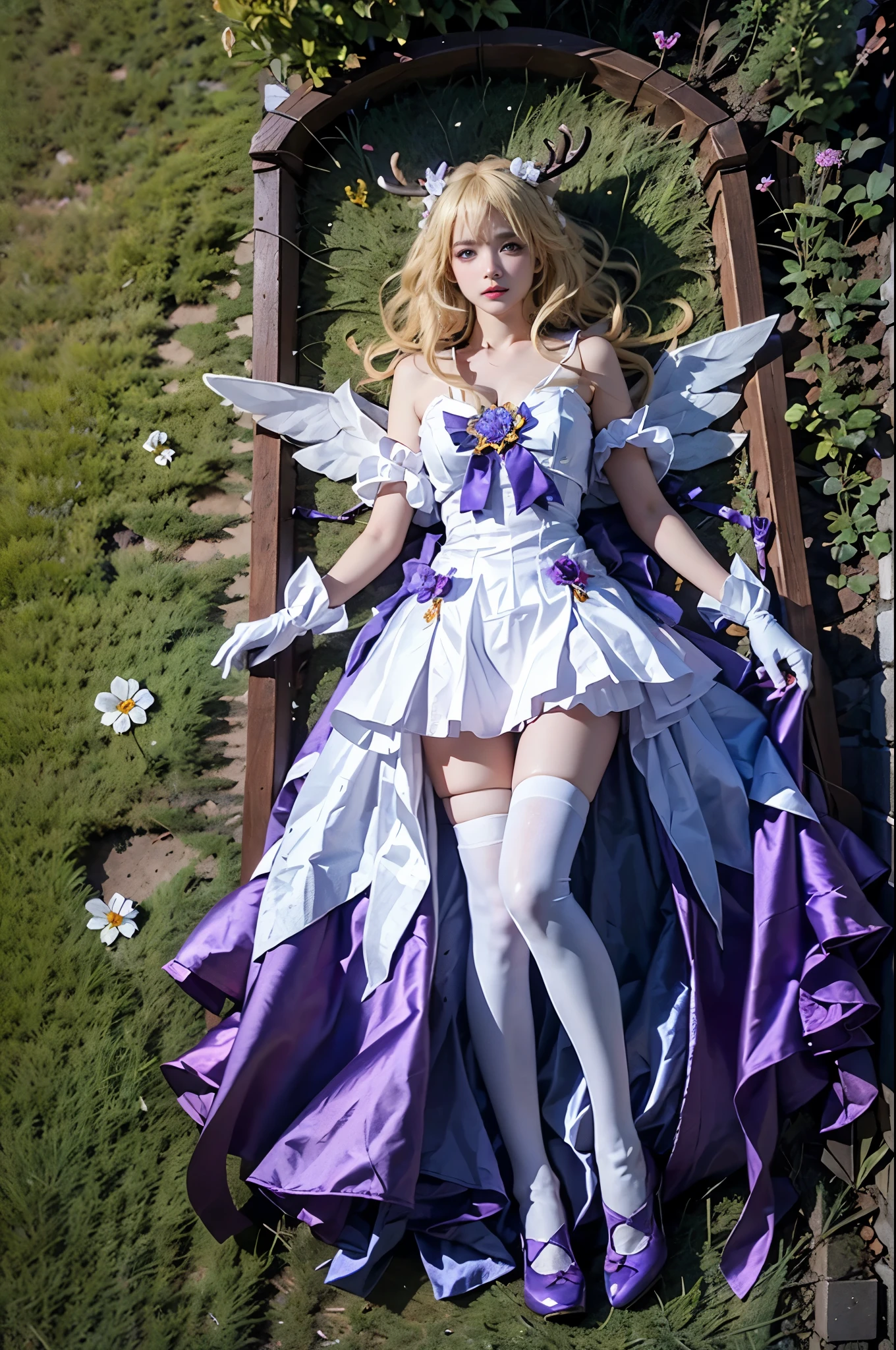 yao cosplay costume, cosplay, blonde hair, dress, gloves, white gloves, antlers, animal ears, horns, bow, hair ornament, wings, thighhighs, white thighhighs, purple high heels ,, (full body:1.4), (Night, darkness), realistic beautiful woman, sexy long-legged model, lying in a field of flowers, upper body leaning towards the ground, (The flowers spread all over the ground), elbows supporting the body, one leg straight, the other leg naturally slightly bent, correct and beautiful leg shape, night, glowing fireflies, many flowers around, roses in the foreground, beautiful romantic style, (detailed face:1.2), (detailed eyes:1.2), (intricate details:1.1), (hyperrealistic:1.1), (8k resolution:1.1), masterpiece, best quality, dreamy, ethereal, (overhead shot:1.2), (birds-eye view:1.2), (top-down view:1.2)