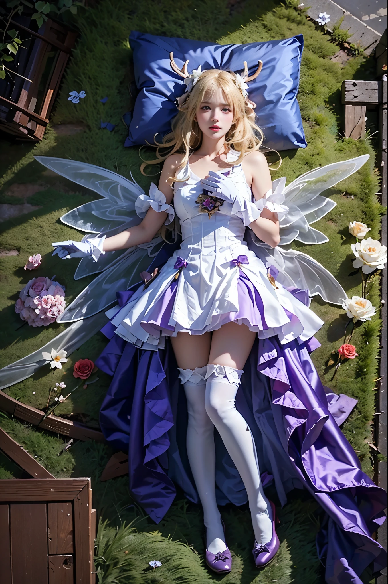 yao cosplay costume, cosplay, blonde hair, dress, gloves, white gloves, antlers, animal ears, horns, bow, hair ornament, wings, thighhighs, white thighhighs, purple high heels ,, (full body:1.4), (Night, darkness), realistic beautiful woman, sexy long-legged model, lying in a field of flowers, upper body leaning towards the ground, (The flowers spread all over the ground), elbows supporting the body, one leg straight, the other leg naturally slightly bent, correct and beautiful leg shape, night, glowing fireflies, many flowers around, roses in the foreground, beautiful romantic style, (detailed face:1.2), (detailed eyes:1.2), (intricate details:1.1), (hyperrealistic:1.1), (8k resolution:1.1), masterpiece, best quality, dreamy, ethereal, (overhead shot:1.2), (birds-eye view:1.2), (top-down view:1.2)