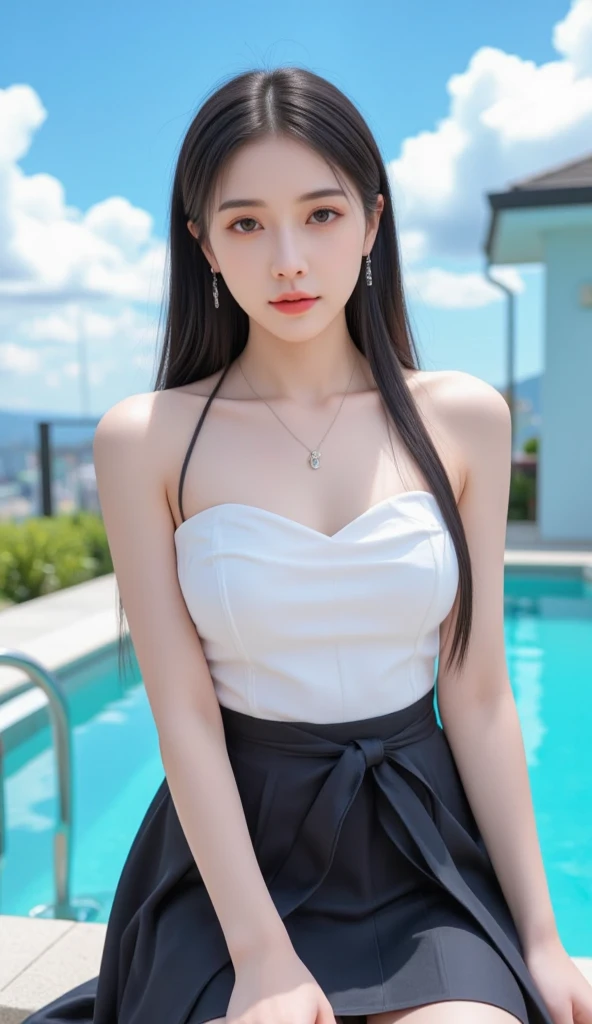 (((masterpiece:1.4, best quality:1.4, 8K, ultra high resolution, Photo realism, Physically based rendering))), sharp focus, full body portrait, full-body shot, flat lighting, Super beautiful sexy woman, very beautiful japanese woman, Perfect body:1.1, 24 years old, alone, Delicate big eyes, Meticulous eyebrows, Highlights, (((Brown long straight low half bun:1.3, hair behind ears, Bangs))), (A strong wind blew her hair up:1.4),  Highly detailed facial and skin textures, slim and beautiful:1.4, ((sleeveless, Transparent black body-fitting dress:1.5, Off the shoulders:1.5)), ((huge breasts:1.6)), (breast exposed:1.2), small areola, Thin waist and thin abdominal muscles, (dress lift:1.6), (Detailed beautiful pussy exposed, :1.4), full-body shot, (Thin and long), No makeup, clear facial features, looking at the audience, (Smile:1.4, open mouth:1.1), (Raise your legs:1.2, sitting，her push forward:1.3、spread legs, camel toe), (Front view), (Sunset), (incredible sky:1.2), (Santorini:pearl of greece, This island is famous for its stunning white architecture, known for its colorful dome and spectacular Sunset:1.3),